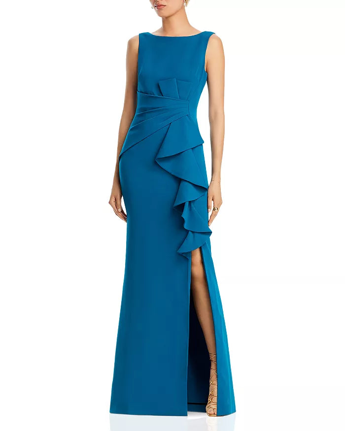 Eliza J Sleeveless Cascading-Ruffle Gown