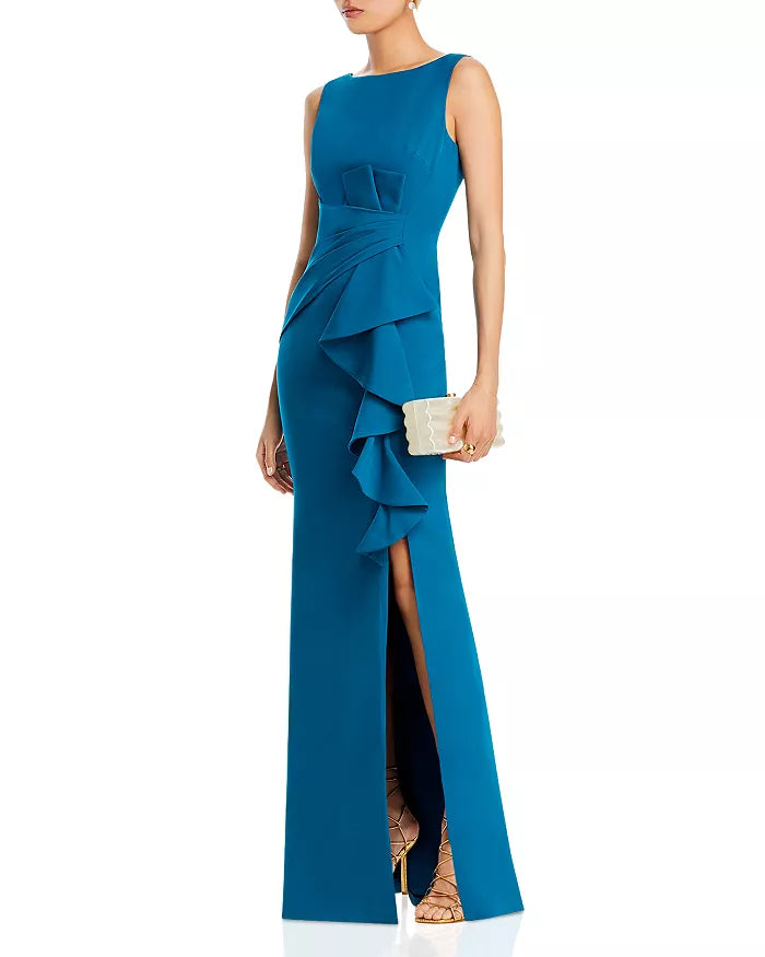 Eliza J Sleeveless Cascading-Ruffle Gown