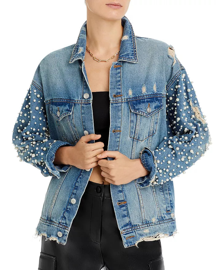Sunset & Spring Embellished Distressed Denim Jacket
