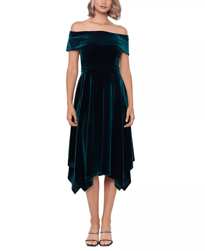 XSCAPE Women's Off-The-Shoulder Velvet Fit & Flare Dress  DGFOutlet
