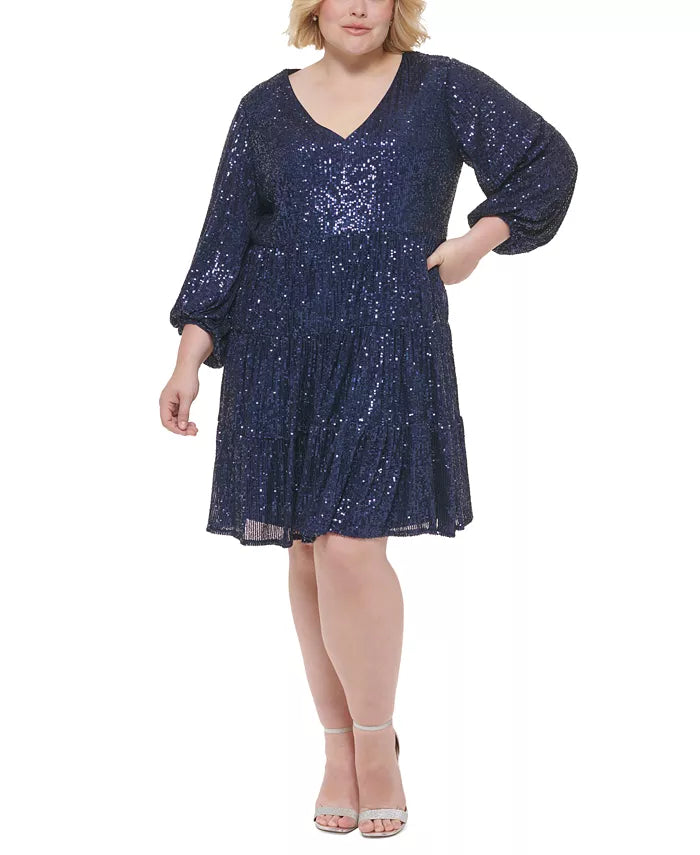 Eliza J Plus Size Sequined Long-Sleeve Tiered Dress