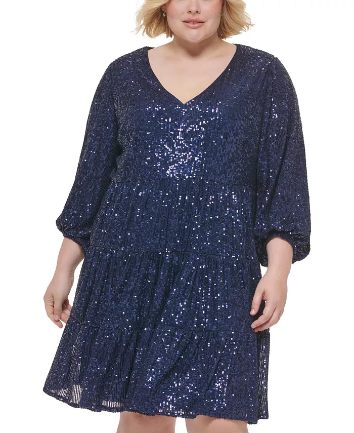 Eliza J Plus Size Sequined Long-Sleeve Tiered Dress