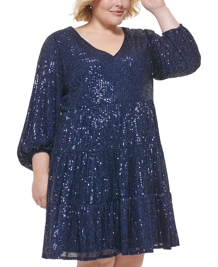 Eliza J Plus Size Sequined Long-Sleeve Tiered Dress