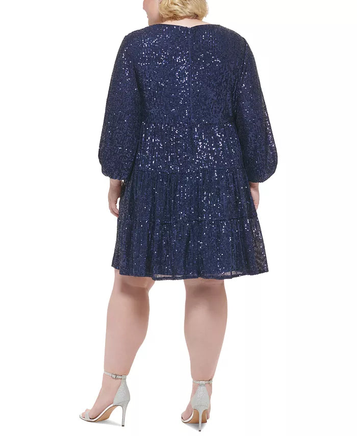 Eliza J Plus Size Sequined Long-Sleeve Tiered Dress