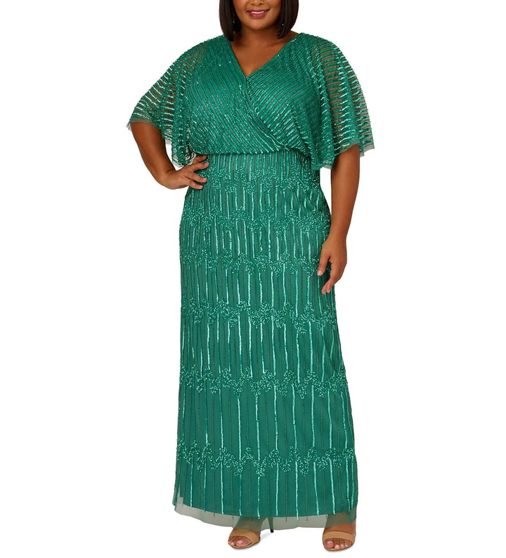 Adrianna Papell Plus Size Hand-Beaded Flutter-Sleeve Gown