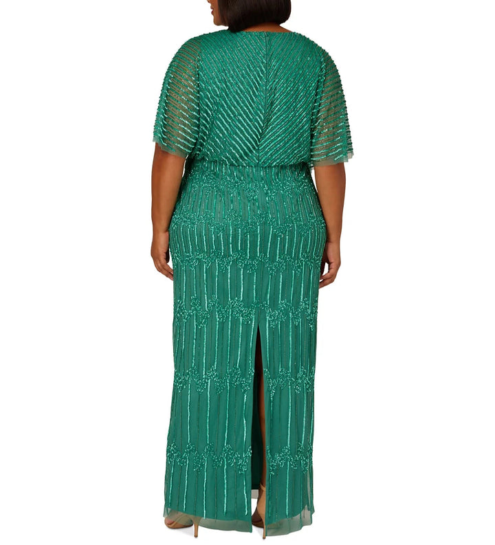 Adrianna Papell Plus Size Hand-Beaded Flutter-Sleeve Gown