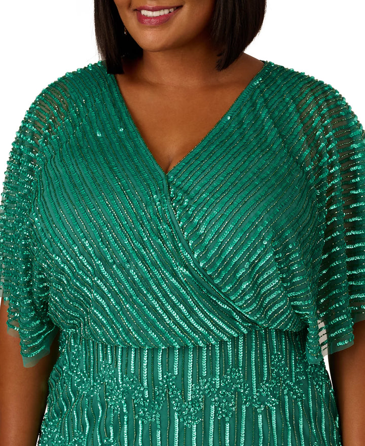 Adrianna Papell Plus Size Hand-Beaded Flutter-Sleeve Gown