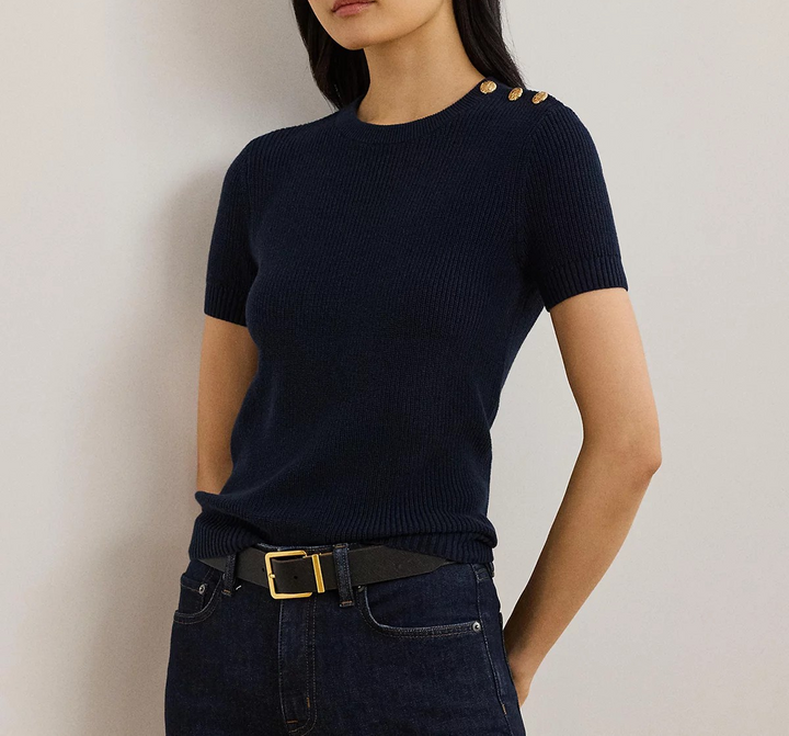 Lauren Ralph Lauren Women's Button-Trim Cotton Short-Sleeve Sweater MSRP $125