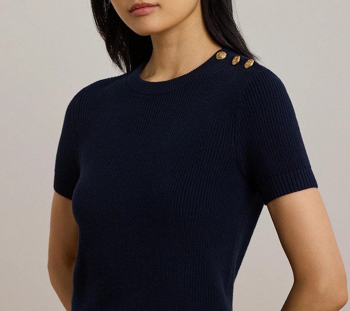 Lauren Ralph Lauren Women's Button-Trim Cotton Short-Sleeve Sweater MSRP $125