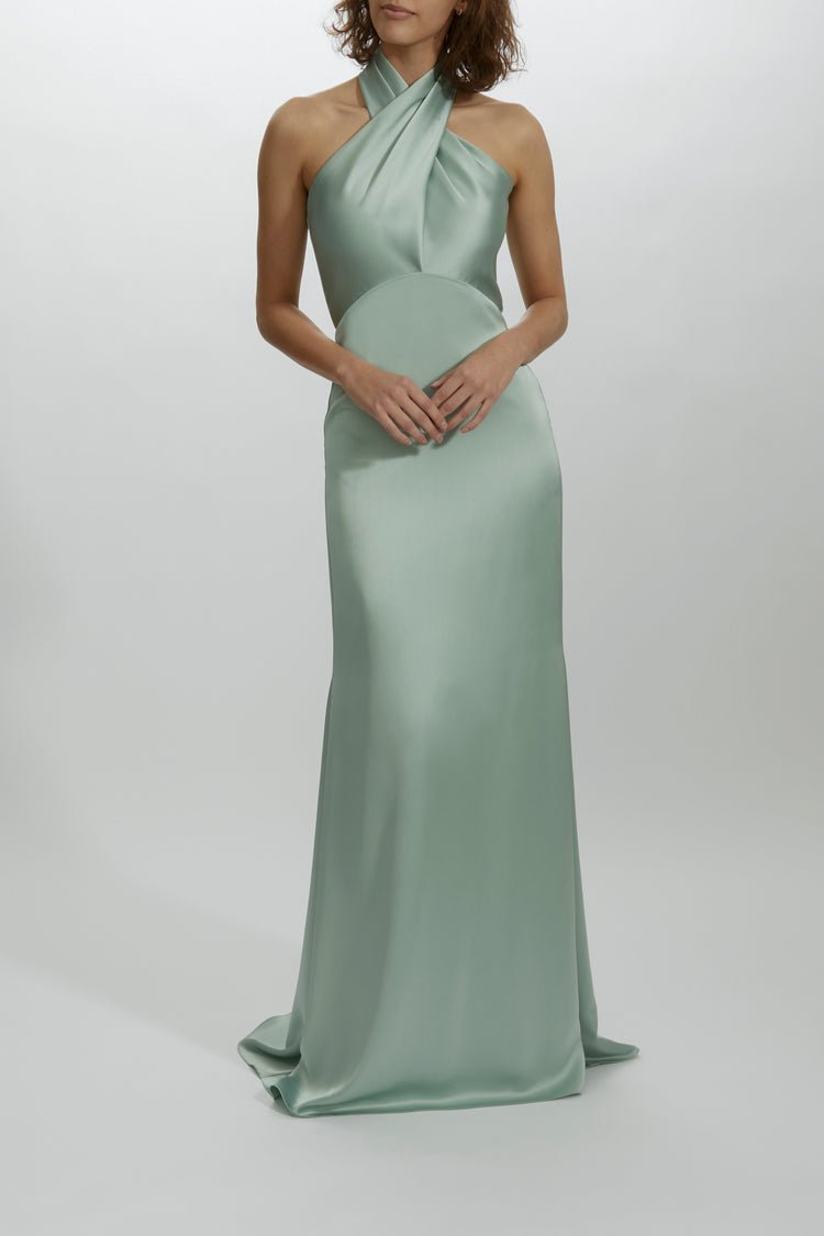 Amsale Satin Crisscross Halter Empire Gown DGFOutlet Amsale Satin Crisscross Halter Empire Gown DGFOutlet