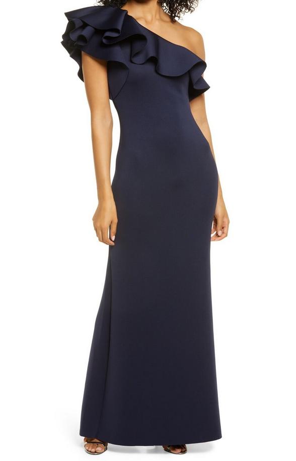 Eliza J Ruffled One-Shoulder Gown