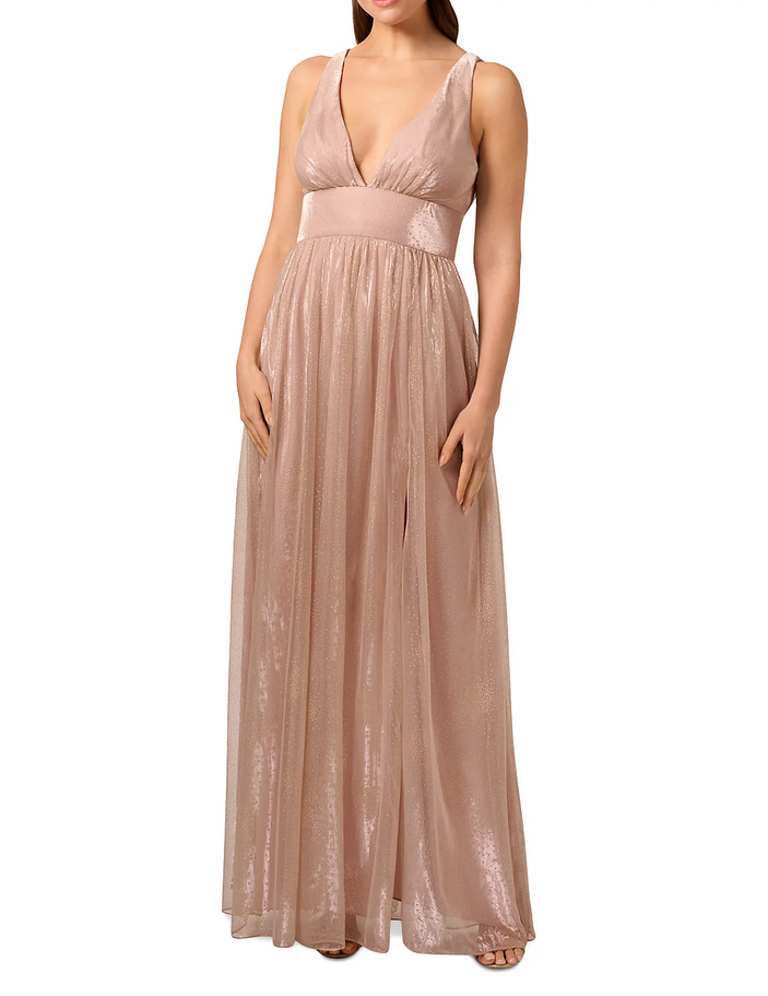 Liv Foster Plunge Embellished Metallic Gown DGFOutlet Liv Foster Plunge Embellished Metallic Gown DGFOutlet
