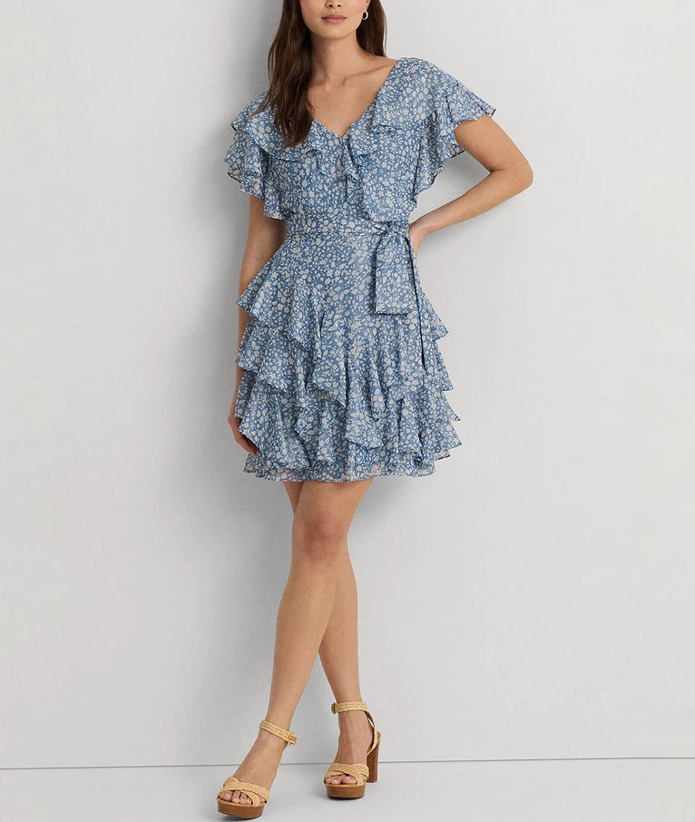 LAUREN RALPH LAUREN Ruffled Chiffon Fit & Flare Dress DGFOutlet LAUREN RALPH LAUREN Ruffled Chiffon Fit & Flare Dress DGFOutlet
