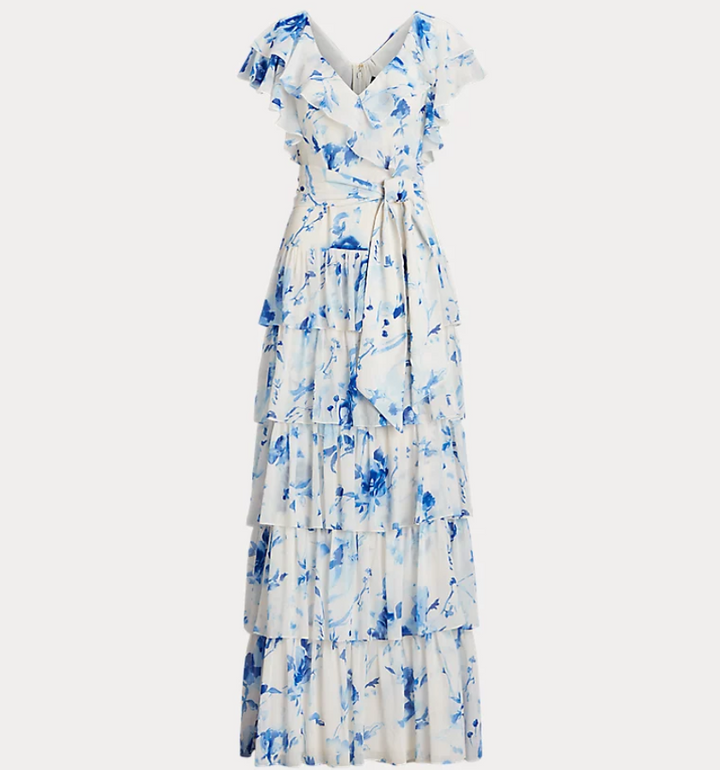 LAUREN RALPH LAUREN Belted Tiered Floral Gown