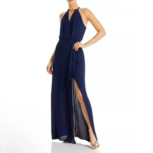 BCBGMAXAZRIA Draped Necklace Halter Gown DGFOutlet BCBGMAXAZRIA Draped Necklace Halter Gown DGFOutlet