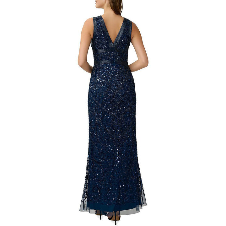 Adrianna Papell Beaded V Neck Long Gown
