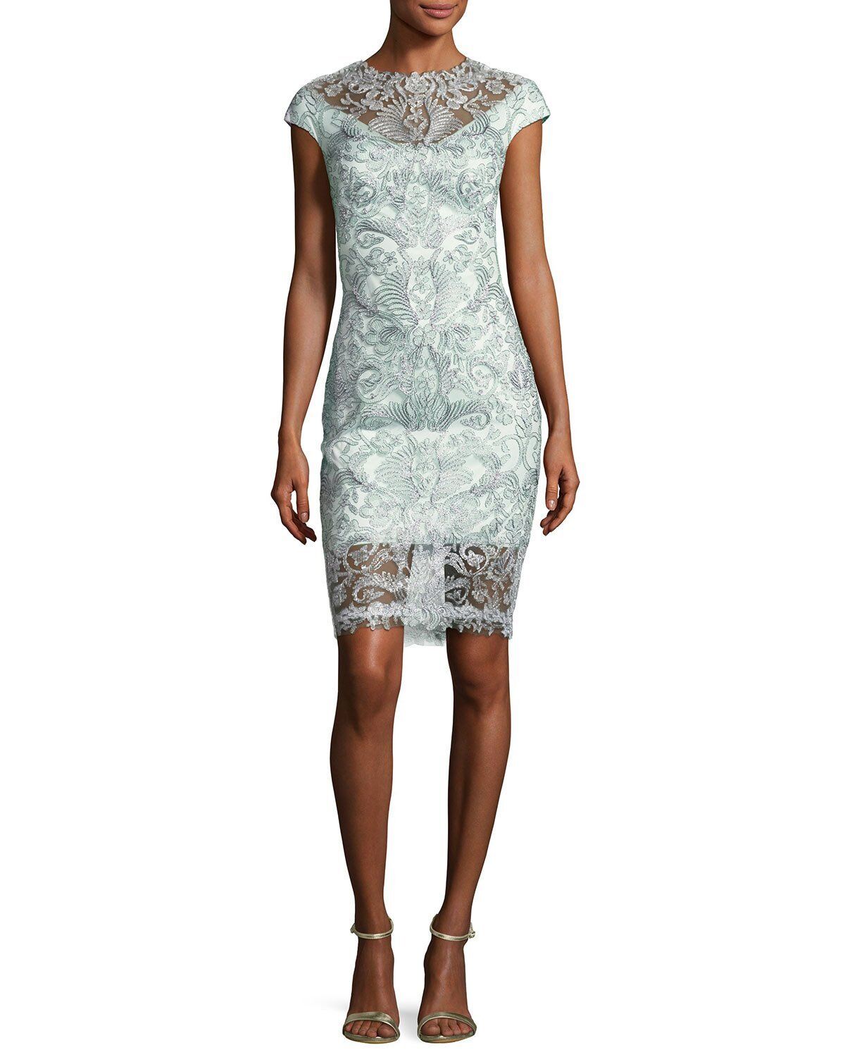 Robe Tadashi Shoji En Tulle Argenté - Broderie Filetée, Mancheron, Taille 2P, Neuf Sans étiquettes