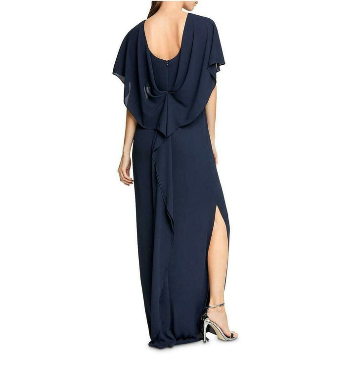 Halston Vestido de georgette con cuello alto y manga estilo cabo $395 Talla 4 # 8B 1375 NUEVO