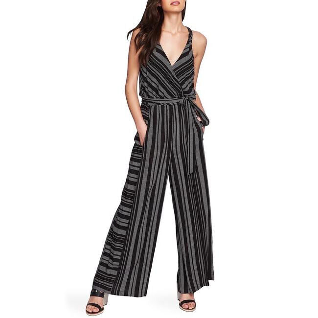 1.STATE Mix Stripe Tie Neck Jumpsuit MSRP $84 Size 12 # 3B 1591 NEW