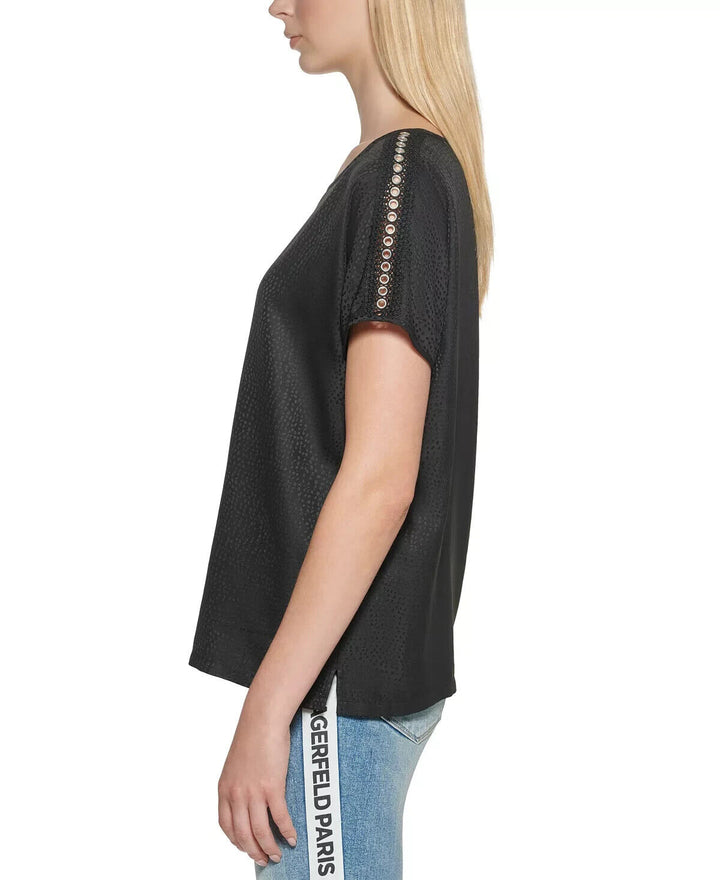 Karl Lagerfeld Paris Blusa con ribete de ojales MSRP $ 89 Talla S # 5B 1861 Nuevo