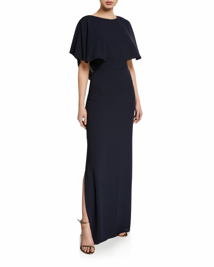 Halston Vestido de georgette con cuello alto y manga estilo cabo $395 Talla 4 # 8B 1375 NUEVO