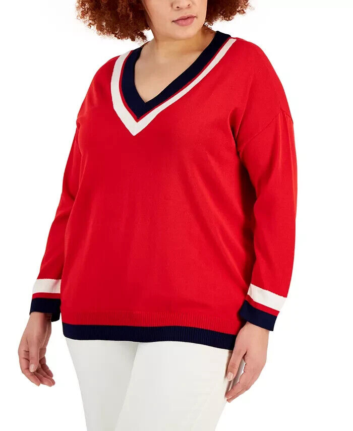 Anne Klein Plus Size Border-Stripe V-Neck Sweater $109 Size 2X # 5D 2239 NEW