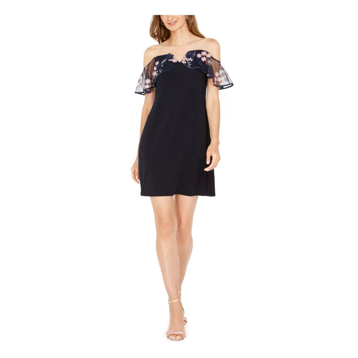 MSK Floral Embroidered Satin Trim Off-The-Shoulder Dress