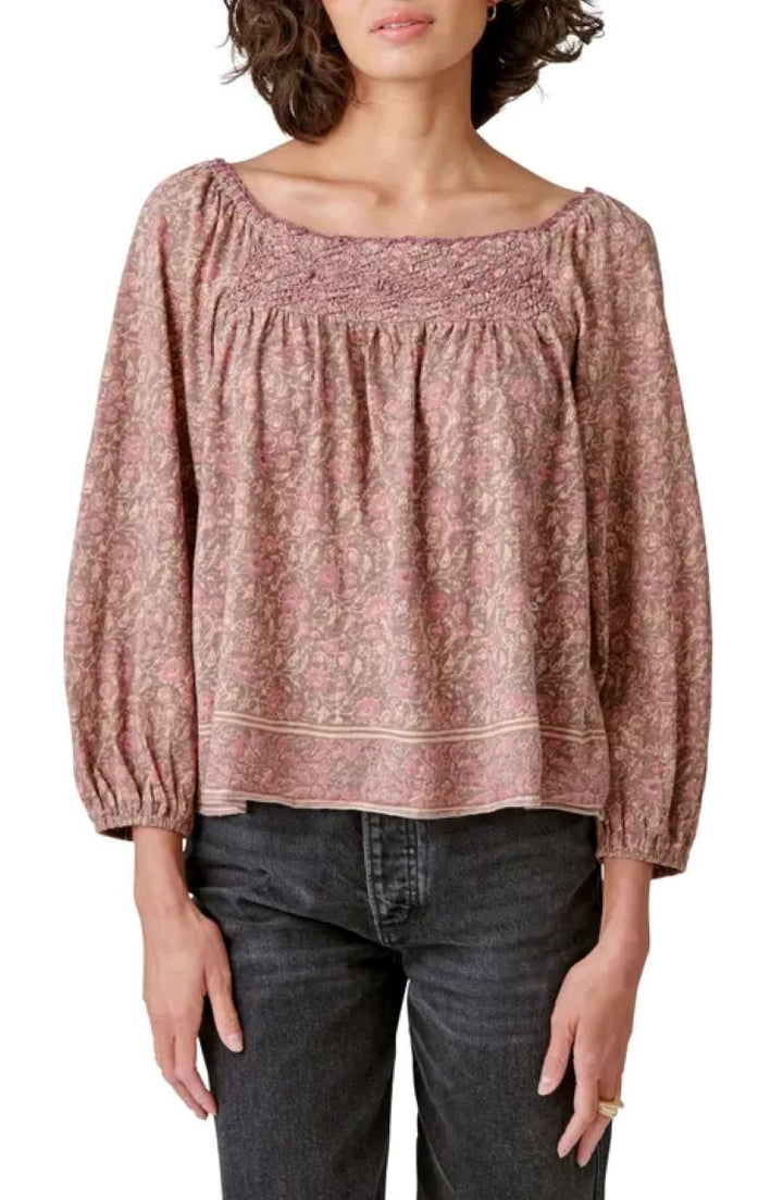 Lucky Brand Embroidered Smocked Peasant Top