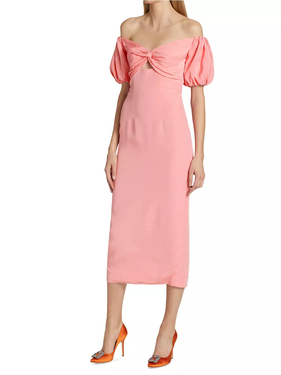 ML Monique Lhuillier Off-The-Shoulder Faille Midi Dress