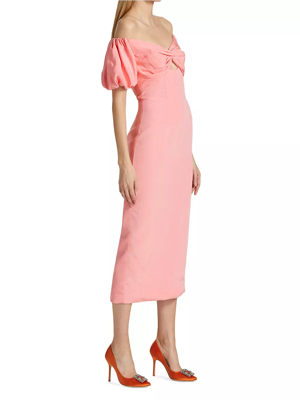 ML Monique Lhuillier Off-The-Shoulder Faille Midi Dress