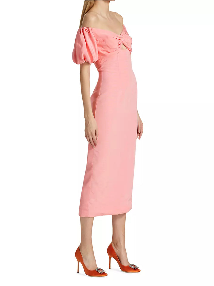 ML Monique Lhuillier Off-The-Shoulder Faille Midi Dress