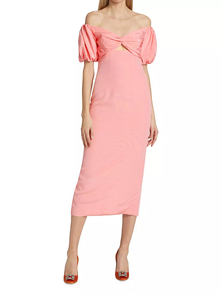 ML Monique Lhuillier Off-The-Shoulder Faille Midi Dress