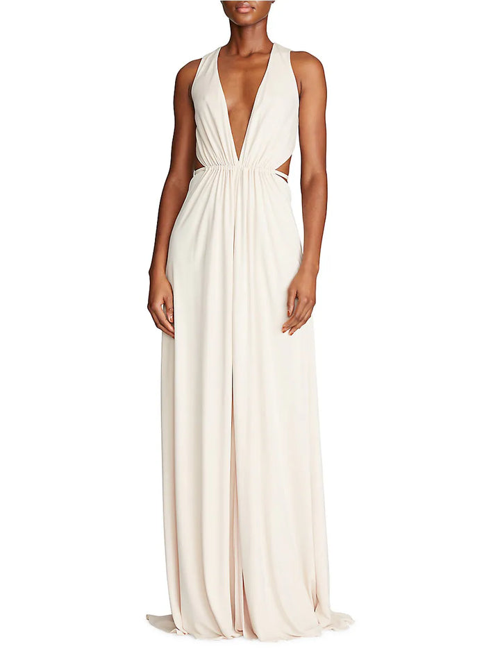 HALSTON Megan Deep V Back Cutout Gown