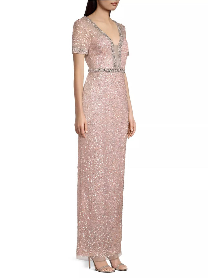 Aidan Mattox Beaded V-Neck Column Gown
