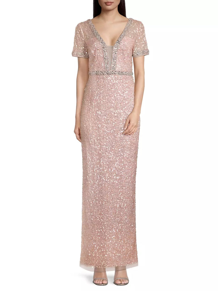 Aidan Mattox Beaded V-Neck Column Gown