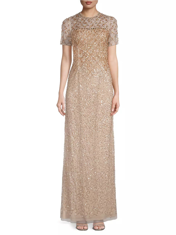 Aidan Mattox Short-Sleeve Beaded Column Gown