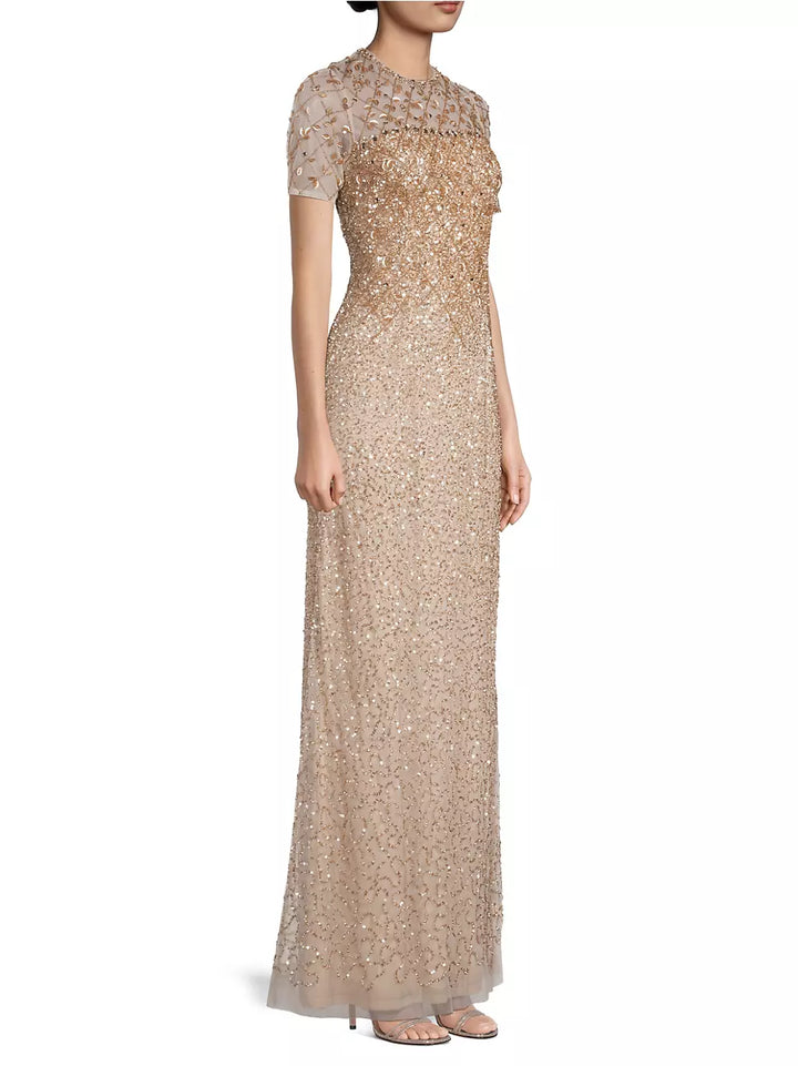 Aidan Mattox Short-Sleeve Beaded Column Gown