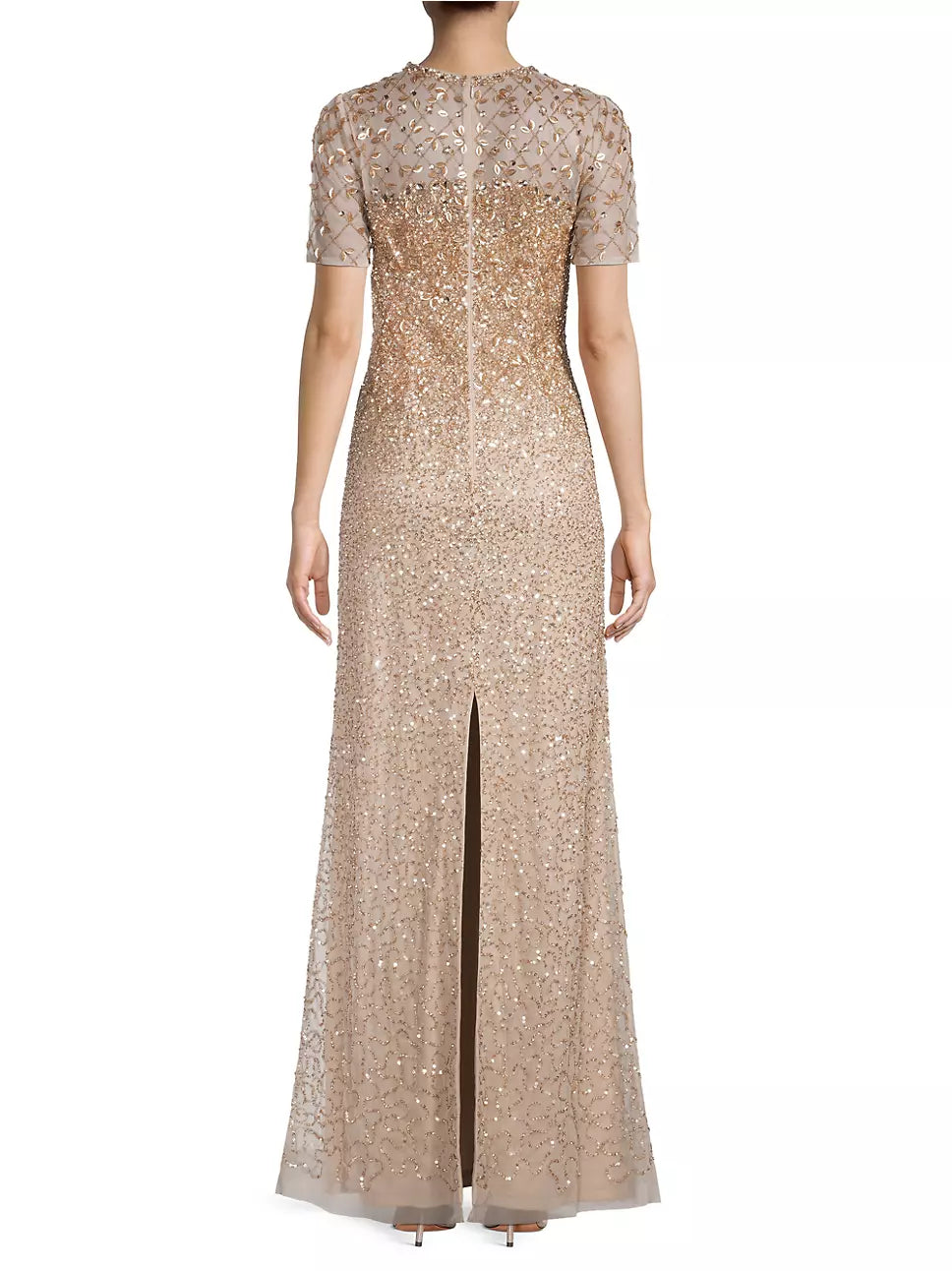 Aidan Mattox Short-Sleeve Beaded Column Gown