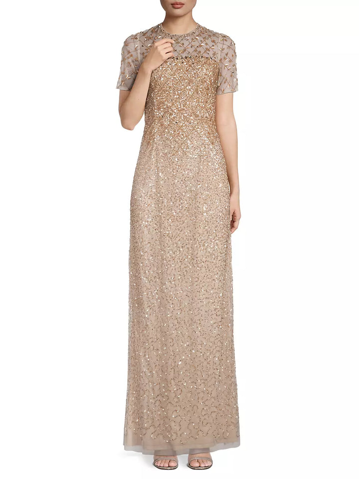 Aidan Mattox Short-Sleeve Beaded Column Gown