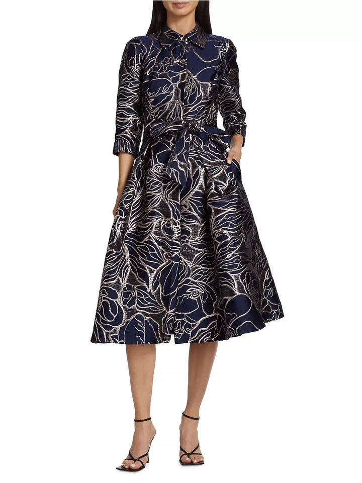 Teri Jon by Rickie Freeman Metallic Floral Belted Shirt Dress