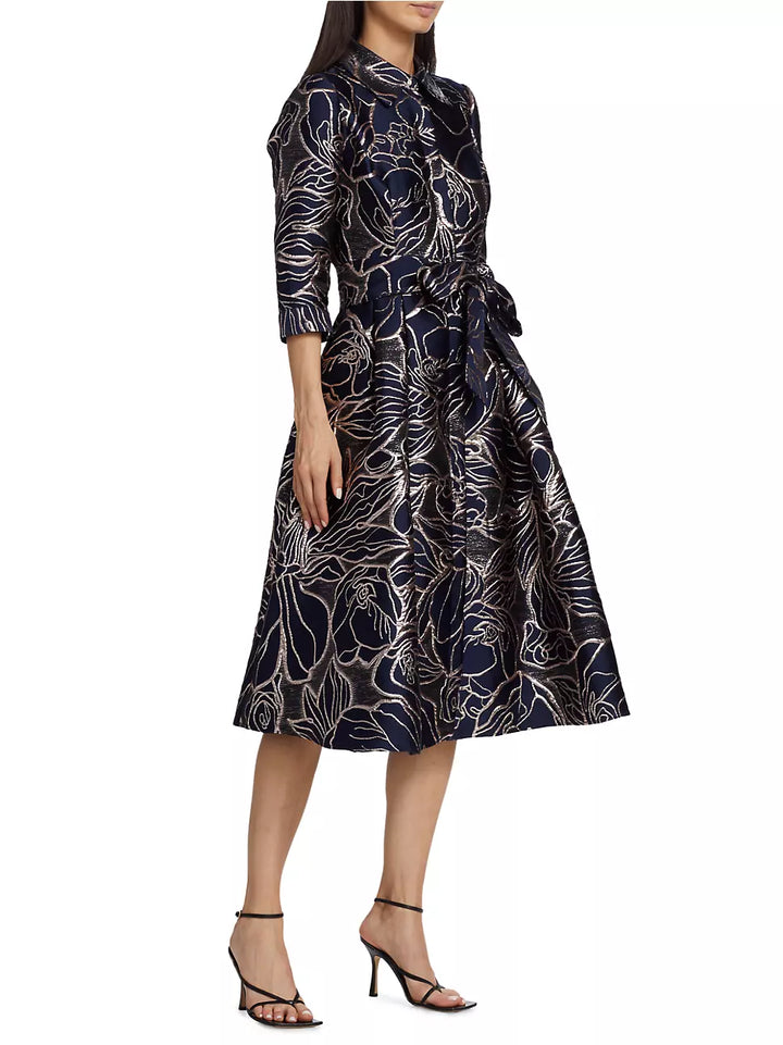 Teri Jon by Rickie Freeman Metallic Floral Belted Shirt Dress