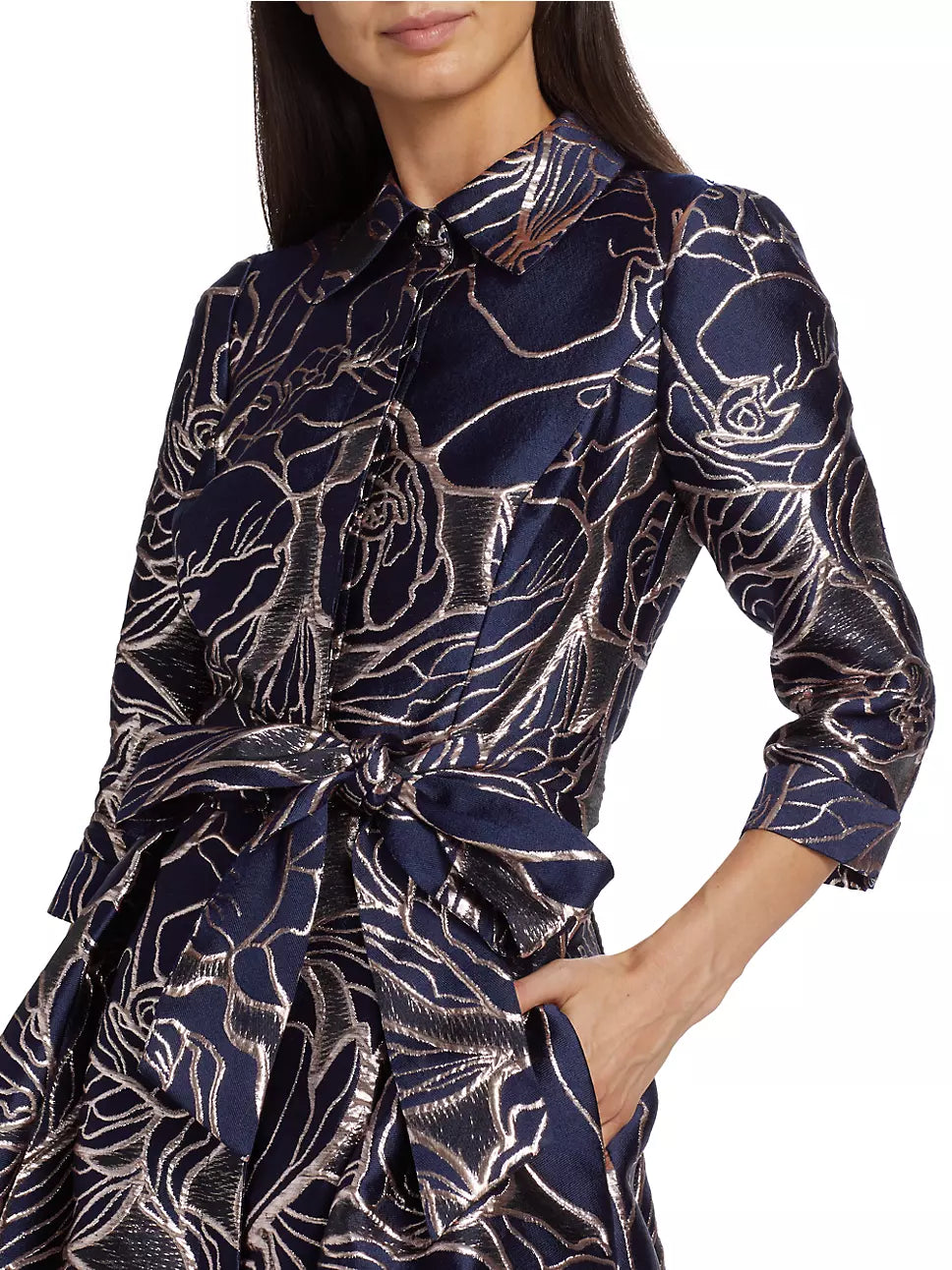 Teri Jon by Rickie Freeman Metallic Floral Belted Shirt Dress