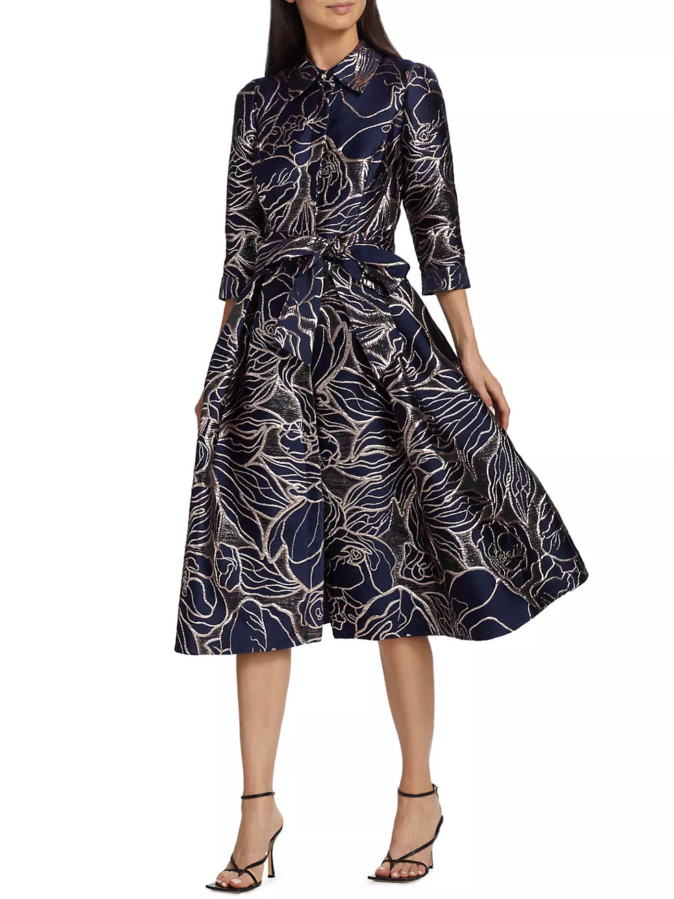 Teri Jon by Rickie Freeman Metallic Floral Belted Shirt Dress