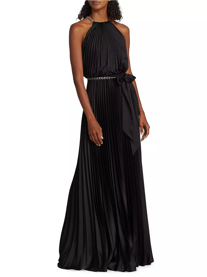 ML Monique Lhuillier Satin Chain-Link Belt Pleated Gown