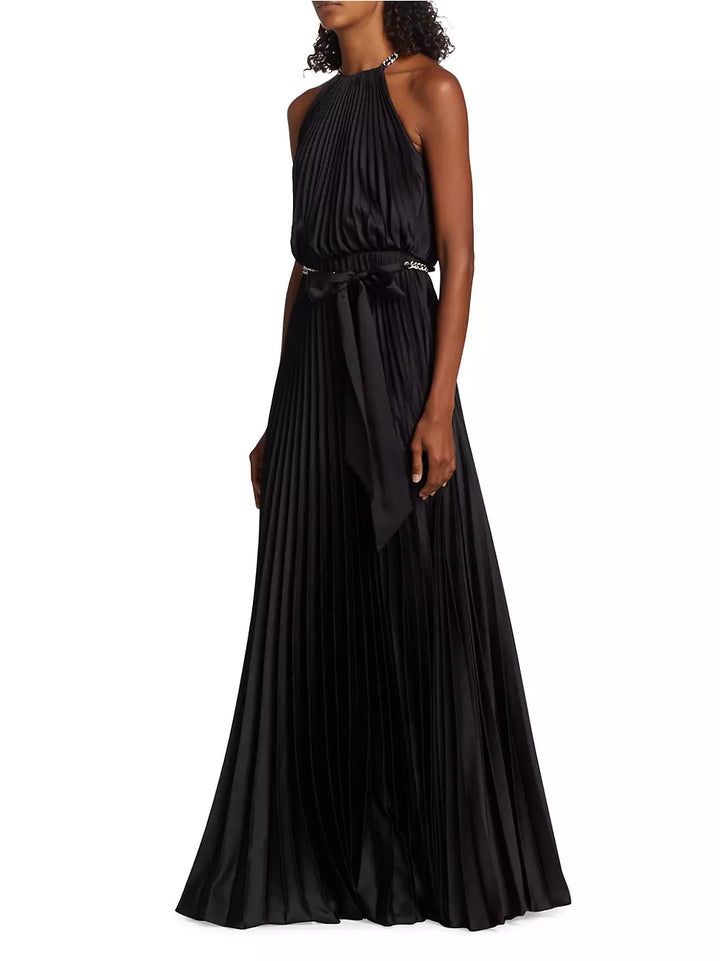 ML Monique Lhuillier Satin Chain-Link Belt Pleated Gown