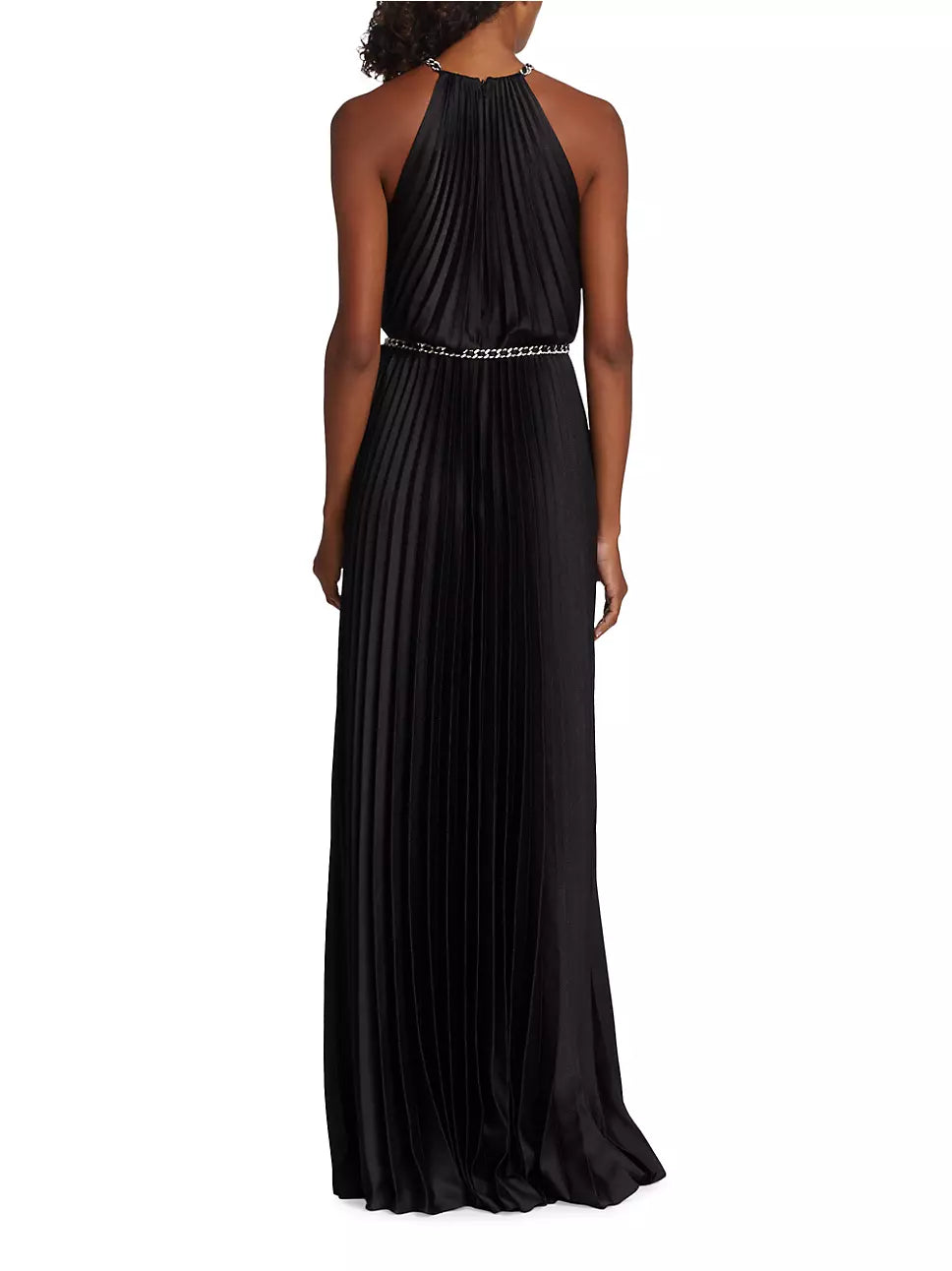 ML Monique Lhuillier Satin Chain-Link Belt Pleated Gown