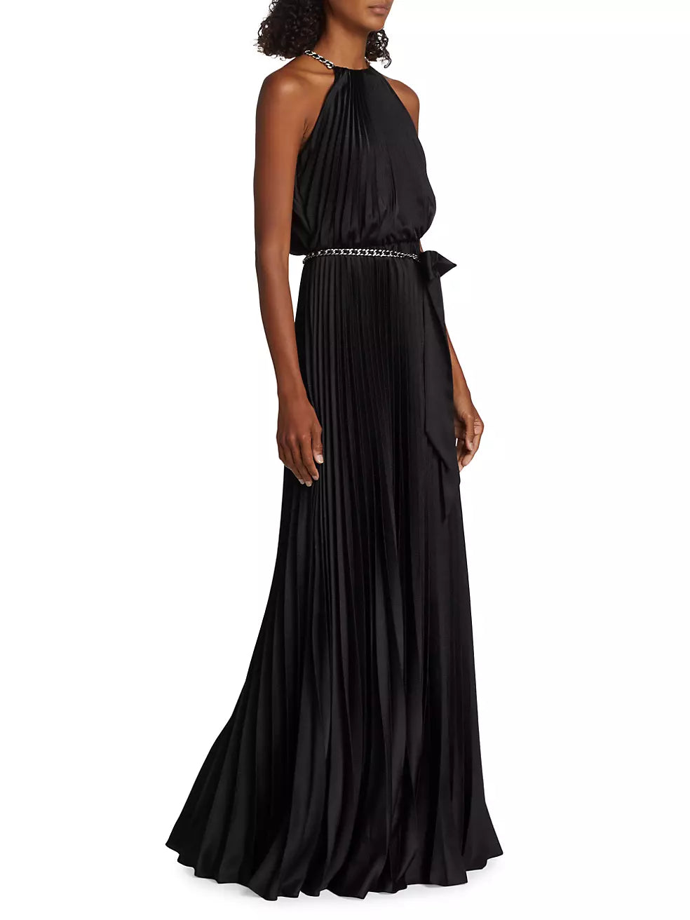 ML Monique Lhuillier Satin Chain-Link Belt Pleated Gown