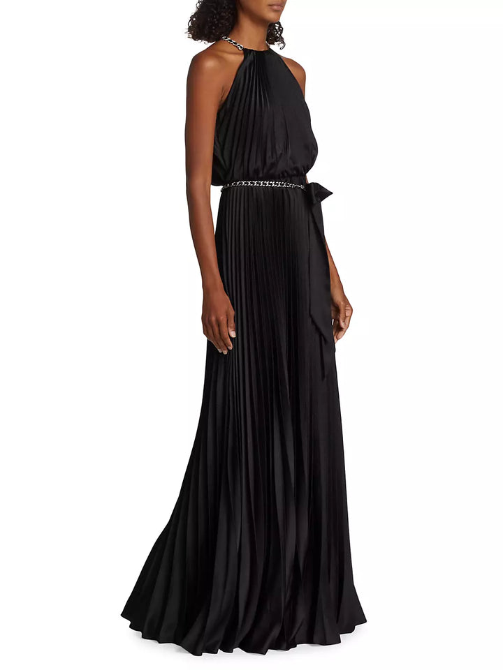 ML Monique Lhuillier Satin Chain-Link Belt Pleated Gown