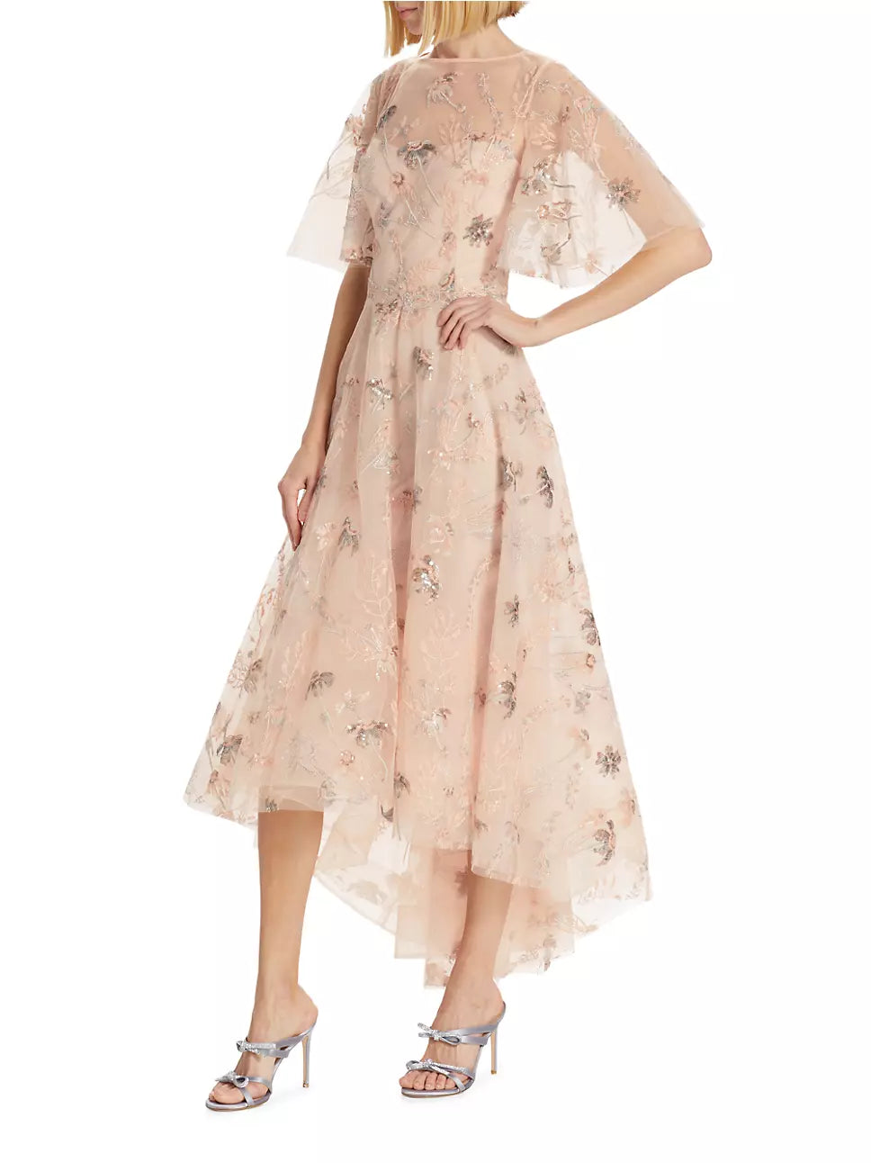 Teri Jon by Rickie Freeman Sequined Embroidered Floral Tulle High Low Dress