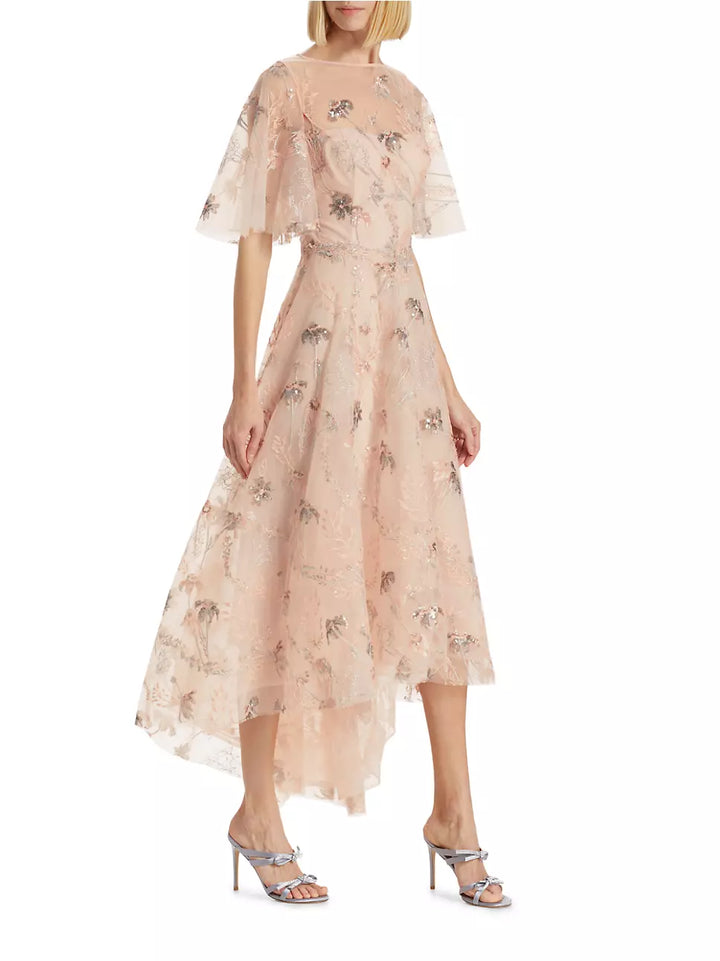 Teri Jon by Rickie Freeman Sequined Embroidered Floral Tulle High Low Dress